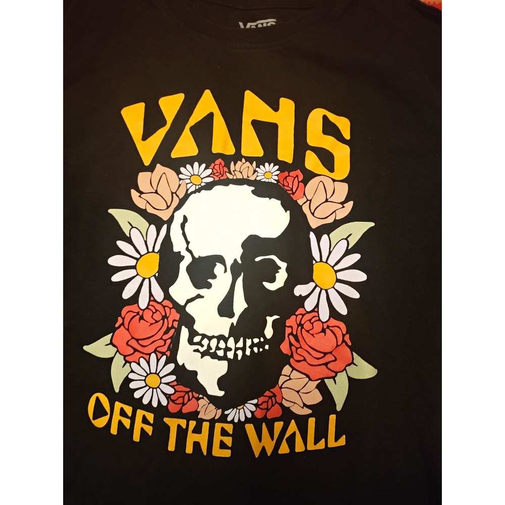 Vans Headliner Womens XS Black Skull Floral Long Sleeve Graphic Tee Off Wall
